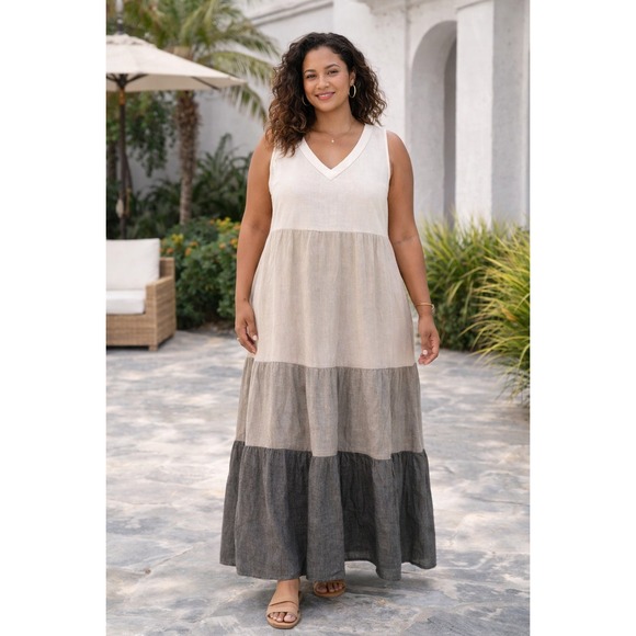 Joie Dresses & Skirts - JOIE Tiered Maxi Dress XL Linen Blend Sleeveless Colorblock‎ Beachy Ivory
